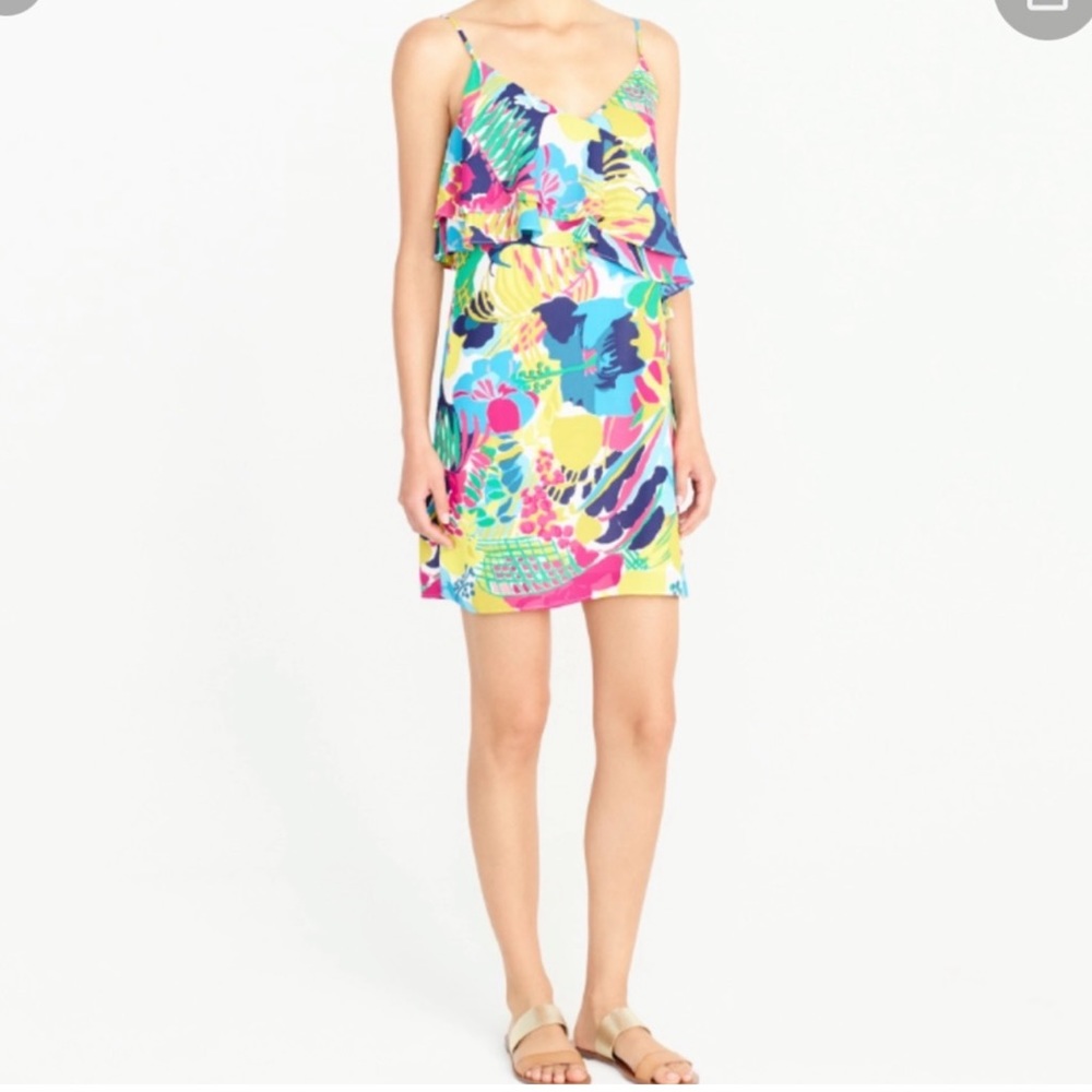 JCrew Floral Multicolor Bold Printed Spaghetti Strap Ruffle Tank Dress size 6